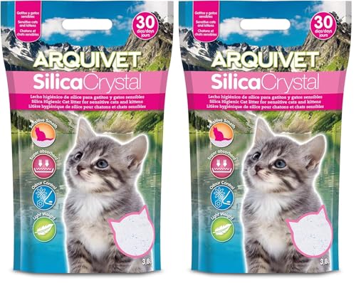 Arquivet Arena aglomerante Silica Crystal para Gatitos 3,8L - Lecho higiénico para Gatitos, felinos, Kitten, Cachorros - Capacidad Absorbente - Ayuda a Eliminar olores y bacterias (Paquete de 2)