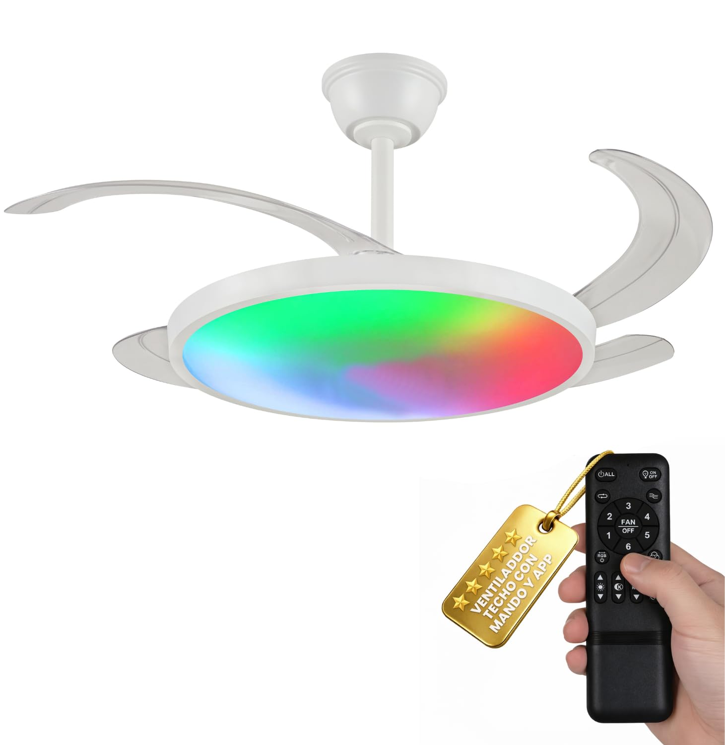 Ventilador de Techo con Luz RGB Retractil | Lampara LED con Aspas Transparantes | Motor DC Ultra Silencioso 30W, 6 Velocidades, Función Verano/Invierno, Temporizador | Para Salón y Dormitorio (92 CM)