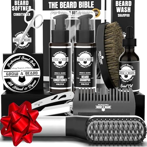 Beard Straightener Grooming Kit for Men, Beard Growth Kit, Wash, Brush & Comb, Unscented Growth Oil...
