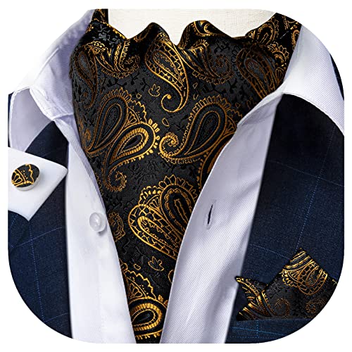 Image of DiBanGu 3PCS Ascot Ties for Men Wedding Jacquard Woven Silk Ascot Cravat for Men Cravat Tie and Pocket Square Set