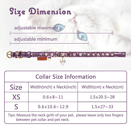 Image of Cat Collar, Dog Collar, [Bling Rhinestones] PU Leather Adjustable Pet Collar with Luxury Pendant for Cat and Small Dog Extra Small Purple