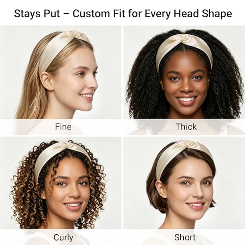 Image of ZLYC Mulberry Silk Headband for Women's Hair, Solid Beige Cream