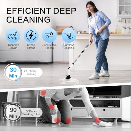 Image of Electric Spin Mop Scrubber for Bathroom Cleaning Brush Tool, Cordless Shower Scrubber with Long Handle &,Powerful Motor,6 Heads Replacement, Cleaning Supplies for Tub Shower Tile Floor Toilet