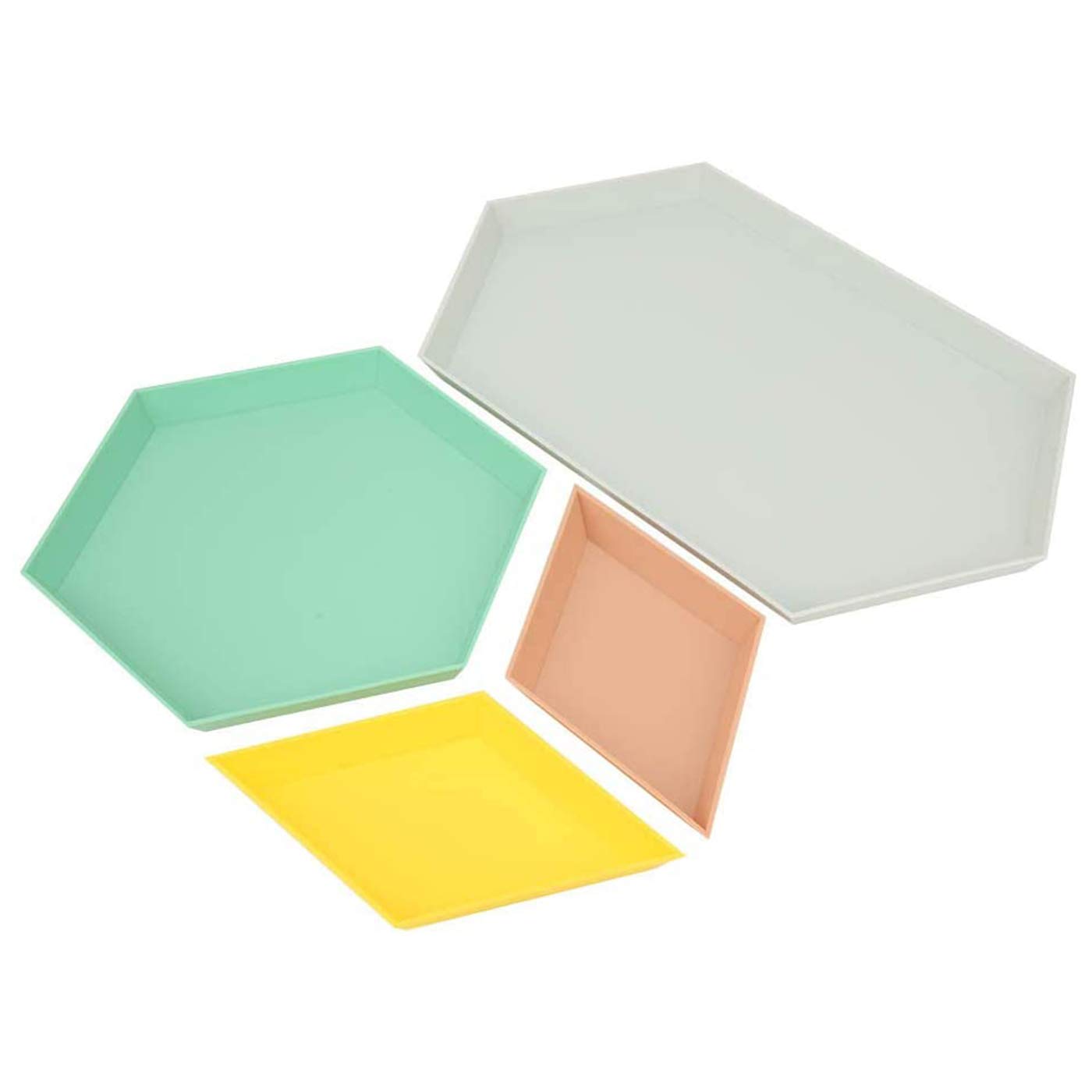 Desktop Organizer Geometric Trays Set of 4, Plastic Stackable Jewelry Dish Versatile Decorative Storage Tray for Food Serving, Trinket Display, Bathroom Vanity Storage, Desk Decoration