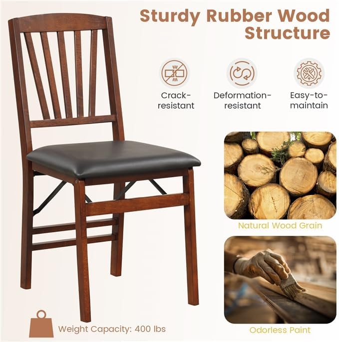 Miniatura 6 de ERGOMASTER Juego de 4 sillas plegables de comedor, sillas plegables con asiento acolchado, madera de goma maciza, respaldo de listones