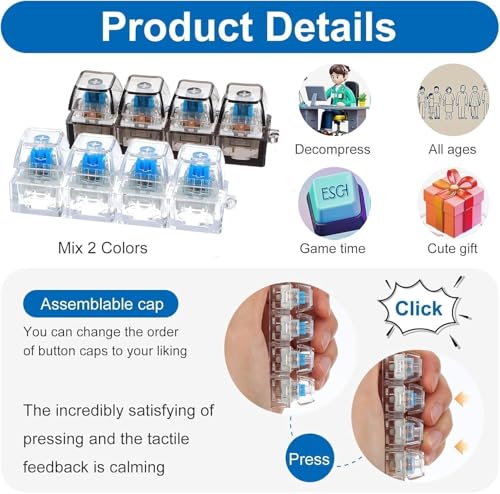 Image of ZUDELLA Mechanical Keyboard Switch Keychain, Blue Switches, Transparent Keycaps, Tactile Clicky Fidget Toy, 4 Keys, for All Ages