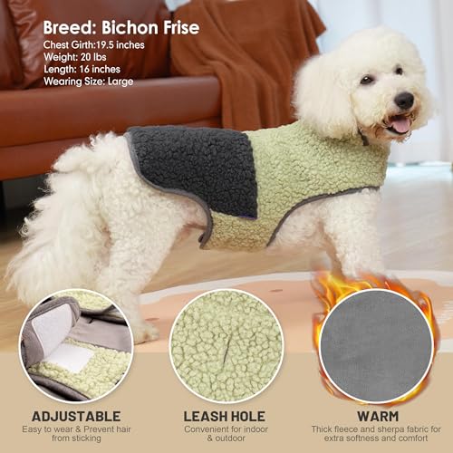 Image of cyeollo Sherpa Dog Coat Reversible Dog Jackets for Small Dogs, Khaki, S | Warm Fleece Winter Sweater, Turtleneck Pet Vest, Adjustable Fit, Easy On & Off, Leash Hole for Cold Weather Outdoor Walks