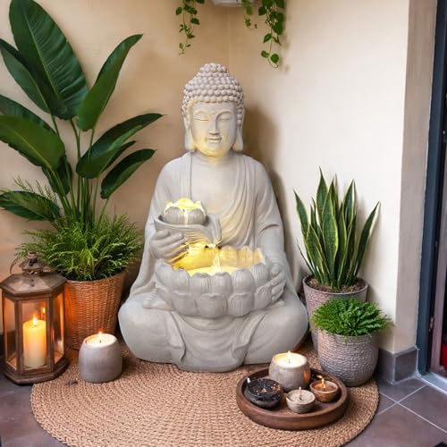 G-LEAF Buddha Water Fountain with LED Light 28.8 inch Outdoor Indoor Zen Meditation Fountain with Lotus Bowl Lighted Tabletop Floor Water Feature for Home Garden Patio Decor