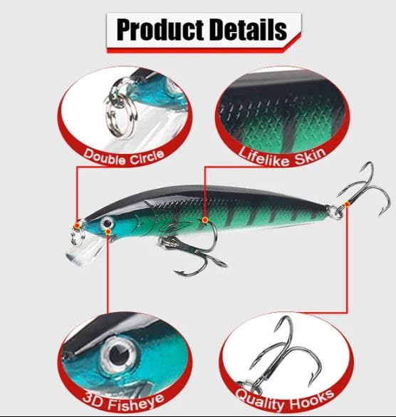 3D Eyes Hard Bait Minnow Lure with Treble Hook Swimbait Fishing Bait Lure for Bass Trout Fish Artificial Bait Fishing Tackle Lure for Freshwater/Saltwater Multicolor Pack of 5 Pcs 2