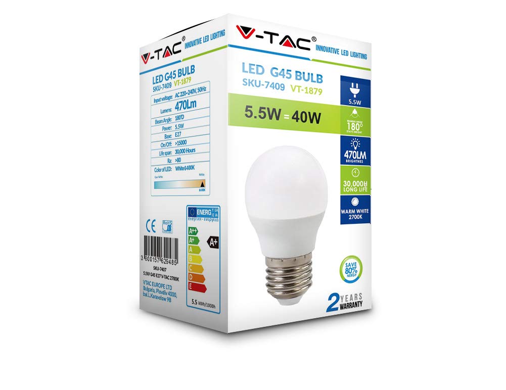 V-TAC 5.5W Energy Saving G45 Golf Light Bulb 40W Equivalent LED E27 ES (Edison Screw) 6400K White Colour Non Dimmable