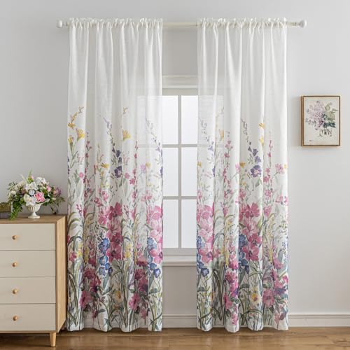 Image of SUOUO Pink Violet Wildflower Floral Semi Sheer Curtains 96 Inches 2 Panels | Linen Textured,Light Filtering,Farmhouse Cottage Decor,Rod Pocket,Window Drapes for Living Room Bedroom Dining Room