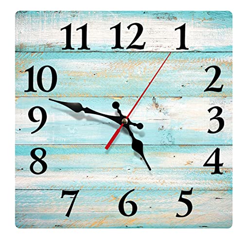 Britimes Square Wall Clock Silent Non-Ticking Battery Operated Clock 12 Inch, Vintage Beach Wood Old Blue Home Decor for Living Room, Kitchen, Bedroom, and Office