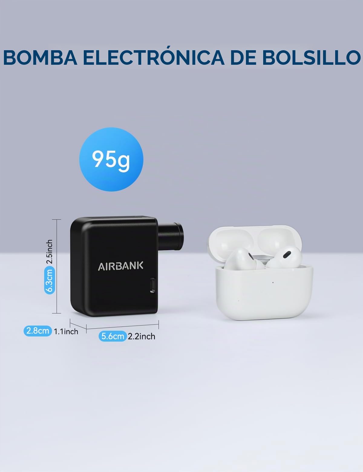 AIRBANK Bomba de Aire de Pocket para Bicicleta, Bomba eléctrica de Bicicleta, Mini compresor de batería, 97 Gramos, 100 PSI, pequeña Bomba de Bicicleta, para Todas Las Bicicletas