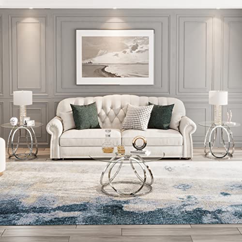 O&K Furniture OKJY-CTW001A Silver Coffee Table, Modern Glass Coffee Table Living Room Table With Ring-Shaped Frames, Glass Coffee Table For Home&Office, Chrome Finish thumb #6