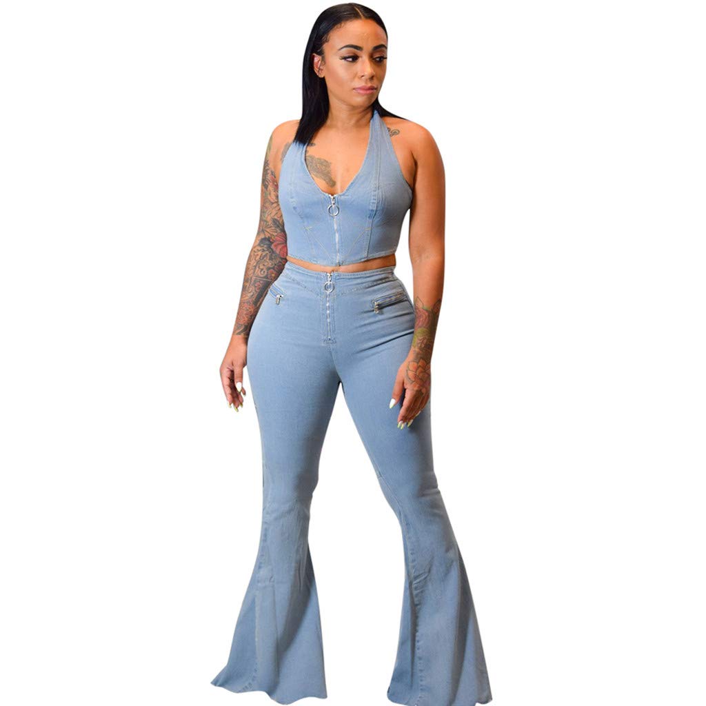 SERYUTracksuit Womens Button Zipper Pocket Jeans Casual Denim Flares Sexy Set Tops Pants Suit