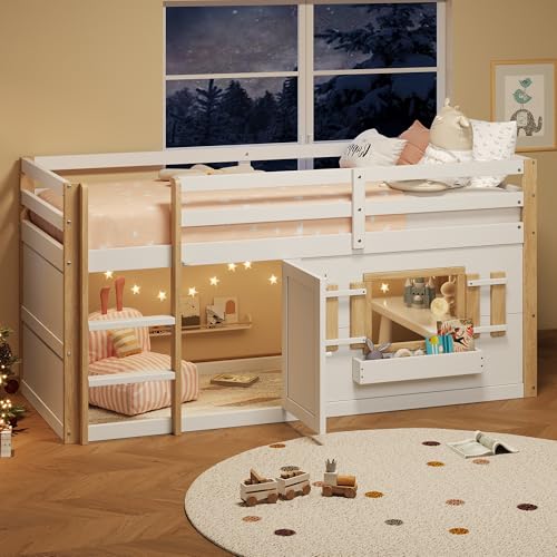 DUlVBPE Cuna, litera (90 x 200 cm), cama alta multifuncional con escalera, se puede montar en la superficie de juego, sin colchón, color blanco