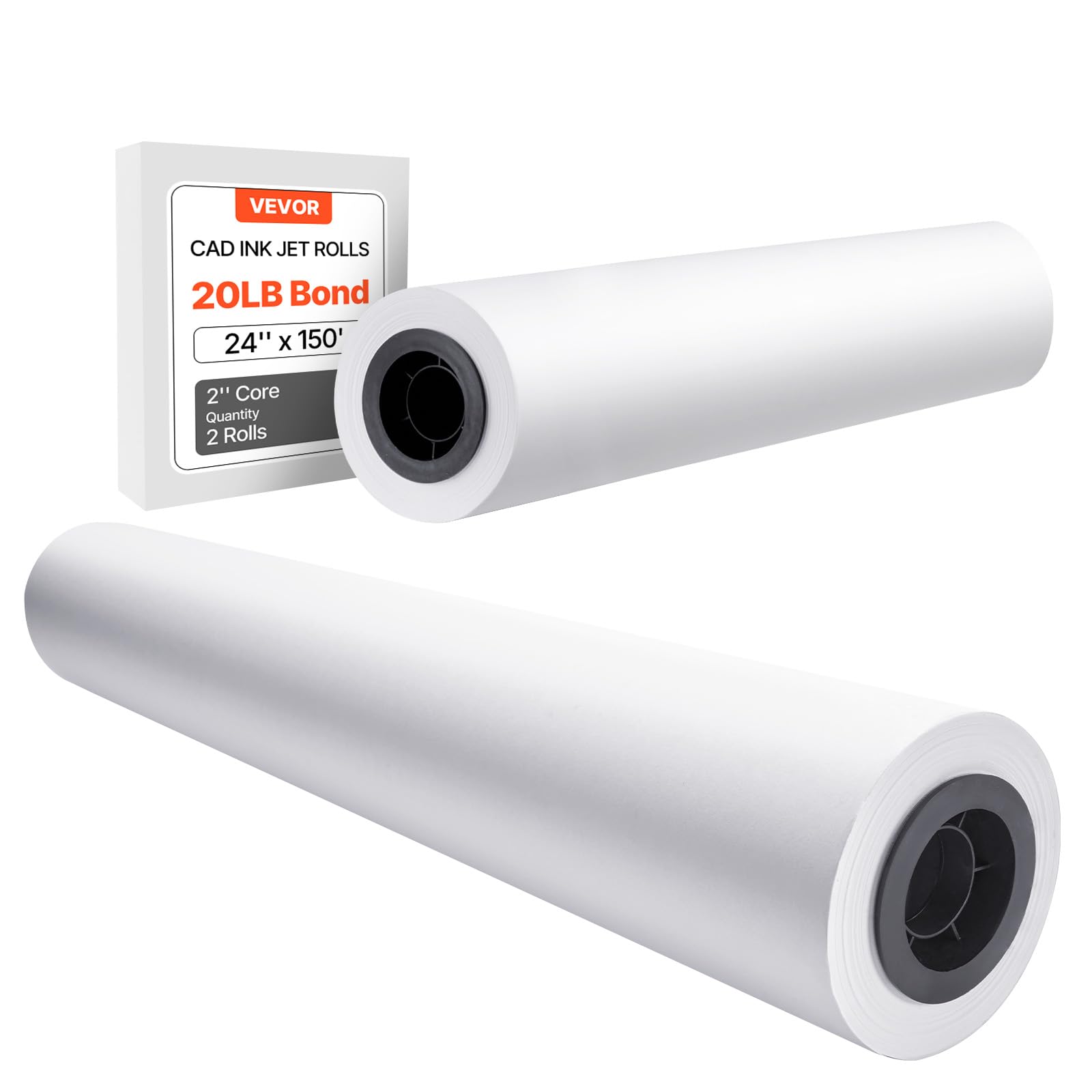 VEVOR Rouleau de papier à dessin blanc, grand format 609,​6 mm x 45,​7 m, lot de 2 rouleaux de papier pour traceur CAO, noyau de 50,​8 mm, pour plans d'ingénierie, cartes SIG, conceptions architecturales