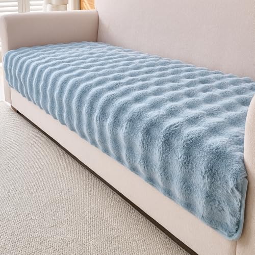 Image of HOKIPO 'FurHug' Luxury Faux Rabbit Fur Anti Slip 3 Seater Sofa Mat, Charm Blue (AR-5015-BL*1)