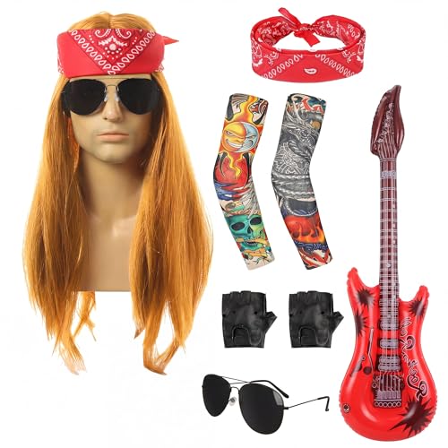 80s Rocker Costume Wig Men Hippie Wig with Bandana Sunglasses Sleeves for 80s Punk Party Accessories