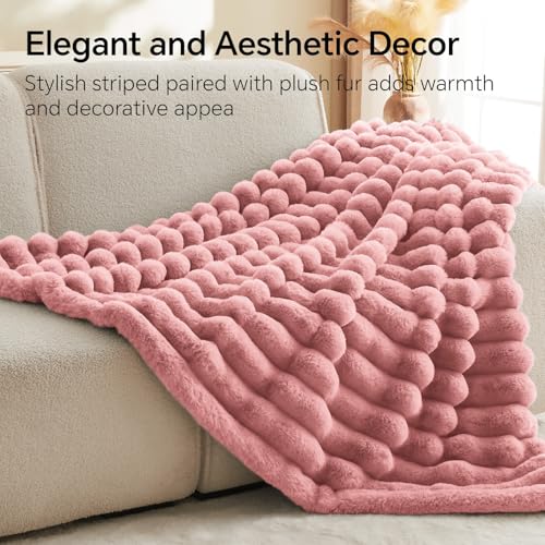 Image of BEDELITE Faux Fur Throw Blanket for Couch, 770GSM, 60 inch x 80 inch, Pink | Soft and Cozy Luxurious 3D Striped Fluffy Blanket, Warm Plush Fuzzy Faux Rabbit Fur for Women Gift, Stylish Room Decor