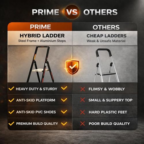 Image of Prime Magnus 4-Step Hybrid Step Ladder | Steel Frame + Aluminium Steps | Heavy Duty Ladder for Home | Anti-Skid Platform | 150 KG Load Capacity | 5 Year Warranty | Made in India | Black & Silver