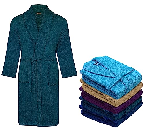Mens and Ladies Nightwear Dressing Gown Bathrobe - 100% Cotton - Terry Towelling Adult Shawl Collar Bath Robe Unisex - For Shower Spa Hotel Holiday (as8, alpha, 3x_l, regular, regular, Teal Blue)