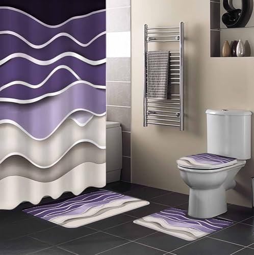 Purple Wave Bathroom Set with Shower Curtain and Rug Accessories - 36x72 Inches Long Coastal Ombre Ocean Grey Stripes Beach Sand Stall Curtain Waterproof with Small Bath Mat,Washable Runner Rug Set