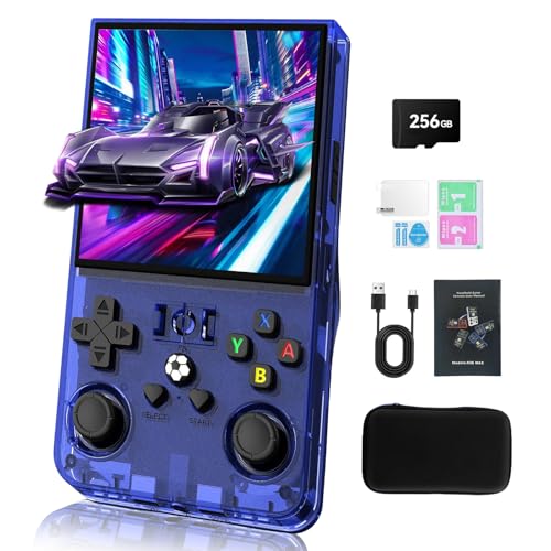 GWALSNTH R36 MAX Handheld Game Console Mini Retro Game Console with 256GB TF Card 40000+ Classic Games 4.0 IPS HD Screen 4000mAh Rechargeable Portable Video ConsoleTransparent Blue
