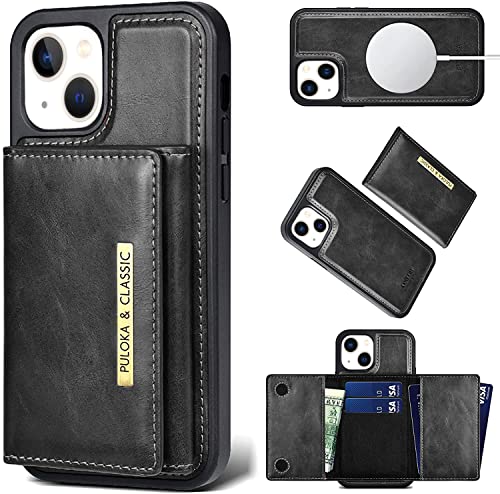 Image of PULOKA Wallet Back Case - Compatible with iPhone 14 Plus - Vegan Leather Phone Cover - Detachable Card Holder Case with Kickstand - Shockproof, Anti Scratch & Raised Edges for Protection - Black