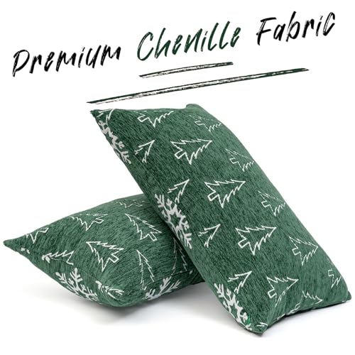 Image of 2 Pack Soft Chenille Christmas Reversible Throw Pillow Covers 12x20, Holiday Double-Sided Snowflake & Tree Cushion Cases for Sofa Couch Living Room(Green,20x12)