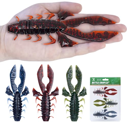POWJOY 5.5in Crawfish Lures, Big Soft Plastic Baits with Removable Rattles, Durable PVC Weedless Crawdad Lures for Bass in Freshwater Saltwater, Red, Green, Blue