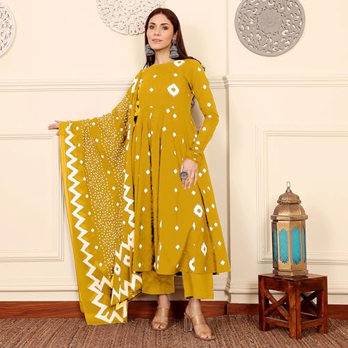 Image of ANNI Designer | Rayon Anarkali Printed Kurta with Pant & Dupatta | Cotton Kurta Set for Women | Stylish Co-Ord Set with Dupatta Ethnic Dress for Women