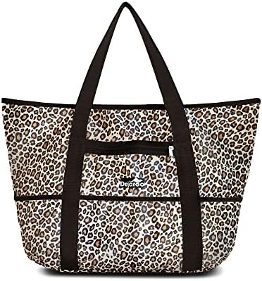 Dejaroo - Beach Bags for Women, Overnight Tote Bag With Zipper, Large Tote Bag for Snacks, Towels, and More, Water-Resistant Travel Tote Bags for Women, 16 x 8.5 x 0.25 inches, Leopard