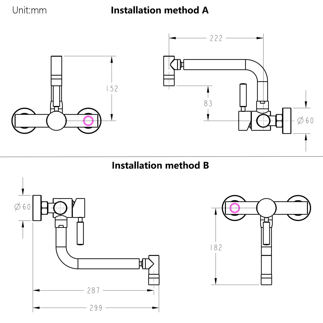 Grifo Cocina de Pared 15cm con 2 Opciones de Montaje y 2 Modes | Mezclador Negro de Fregadero Rotación de 360°, Grifería con Caño Giratorio 360°, Acero Inoxidable, Aireador Extraíble
