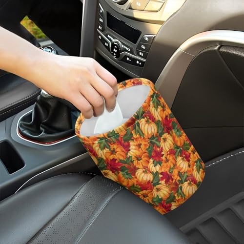 Image of Maple Leaves Pumpkins Trash Can for Car Auto Garbage Can for Back Seat Leak Proof with Adjustable Buttons Car Accessories for Women Interior