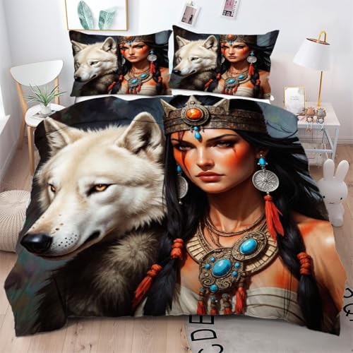 Gumntun Parure de Couette 220x240 cm Femme Indienne Loup Blanc, Doux et Facile d'entretien Housse de Couette, Toutes Lles Saisons 3D Ensemble de Literie pour Décoration...