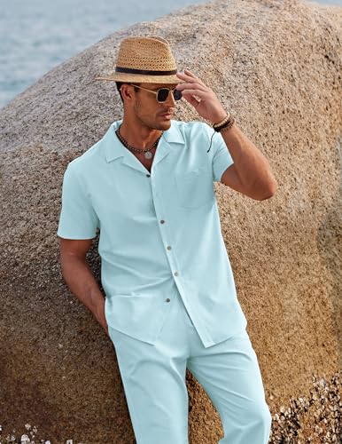 Image of COOFANDY Men 2 Piece Linen Outfit Beach Button Down Shirt Casual Loose Pant Sets