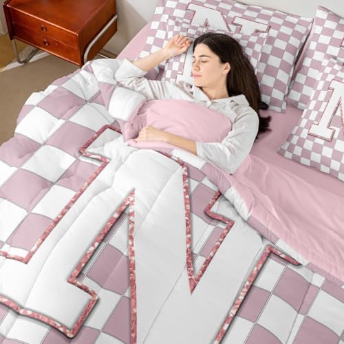 Image of Erosebridal Pink Initial N Queen Bedding Set 7 Piece Kawaii Plaid Checkered Bed in A Bag with Sheets Cute Personalized Monogram Comforter Set for Kids Girls Teen Women,Fashion Grids Gingham Bed Sets