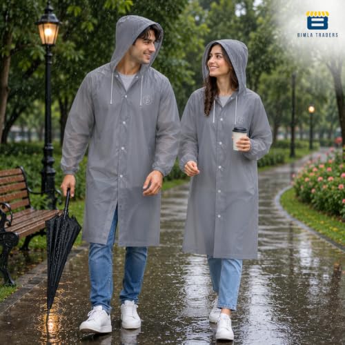 Image of Reusable EVA Hooded Raincoat| Transparent Waterproof Rain Wear for Men & Women | Elastic Full Sleeves | Front Button Design | Knee Length Free size
