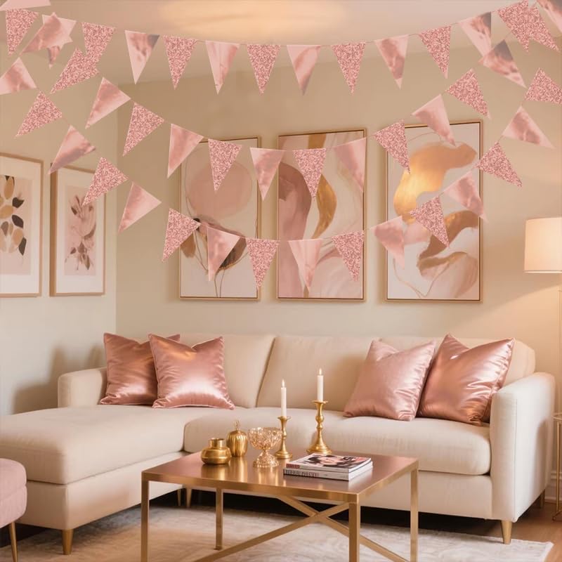 Image of Rose Gold Hanging Triangle Flag Pennant Garland Rose Gold Hanging Paper Pennant Streamer Paper Triangle Flag Bunting Banner for Graduation Wedding Engagement Birthday Party Decor 30 Feet
