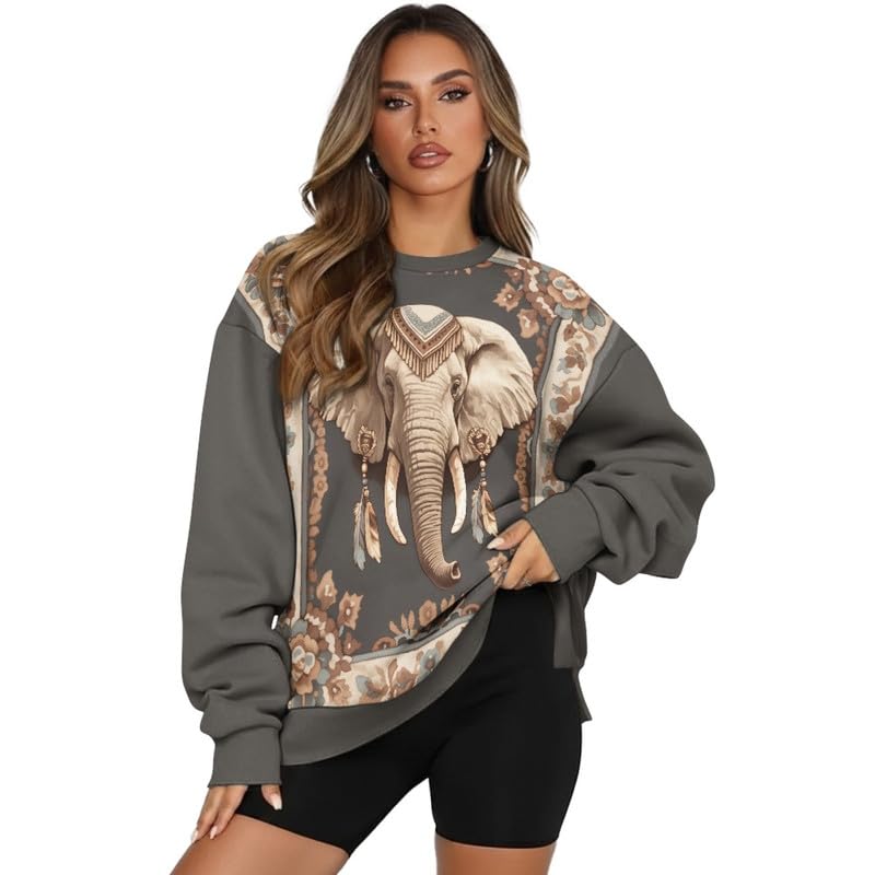 Women's Sweatshirts Oversized Vintage Crewneck Loose Pullover Top, Camo Sweatshirt Split Pullover Fall Outfits