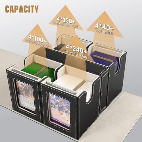 Image of Kabinka Card Deck Box for MTG Commander, Holds 400+ Double-Sleeved Cards, 5 IN 1 Detachable Card Case with Dice Tray, Fits Magic /TCG Cards, 4 Magnetic Card Holders & Dividers (Black Gold)
