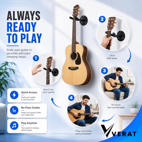 Image of VERAT 2 Pcs Guitar Wall Mount Hanger Hook, Wall Mounted Guitar Holder Stand with Soft Foam Padding, Heavy Duty Metal Guitar Rack for Acoustic, Electric, Bass Guitar, Ukulele, Banjo & Mandolin, Black