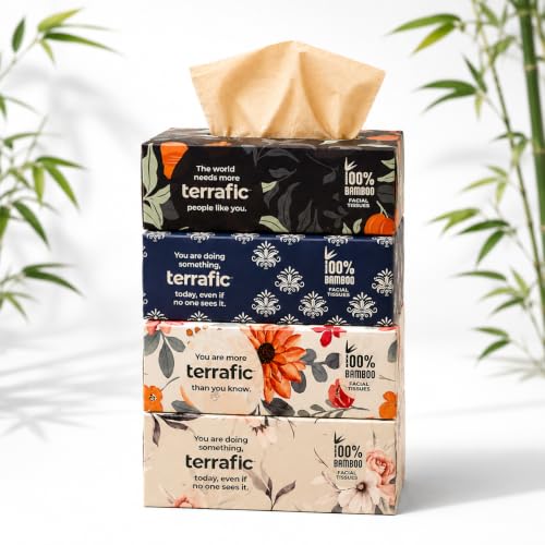 Image of Bamboo Facial Tissues | 800 Sheets of 2 Ply Soft but, Strong, Skin-Safe & Highly Absorbent Tissues (Pack of 4 Multi Designs) | 100% Natural & Biodegradable | Home, Office & Travel