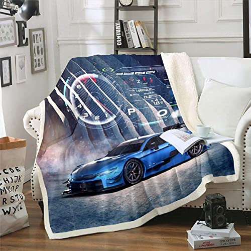 Homewish Manta de Coche Deportivo para Niños y Adolescentes - Felpa Sherpa de Carreras, Forro Polar Azul - 229 x 229 cm