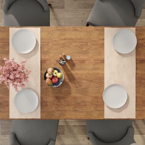 Image of Encasa XO Cotton Table Runner for 4 Seater | Size 13x36 in | Ticking Beige - Machine Washable & Durable