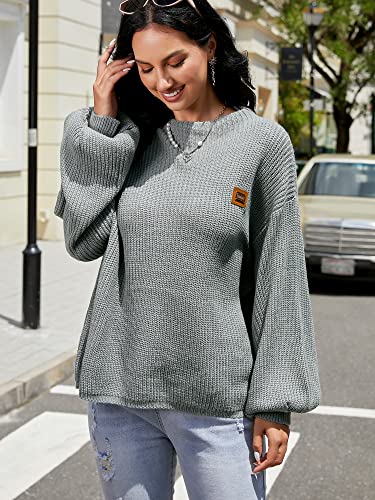 Zaful Women's Crewneck Oversized Sweater Lantern Sleeve Loose Sweater Pullover Knit Jumper Tops Gray #TOP2