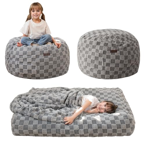 MAXYOYO Kids Bean Bag Chair Bed, Convertible Children Bean Chair to Floor Mattress with Filler, Bean Bag Bed Stuffed Child Sofa Couch for Girl Boy Sleeping, Machine Washable Cover, Plaid Grey