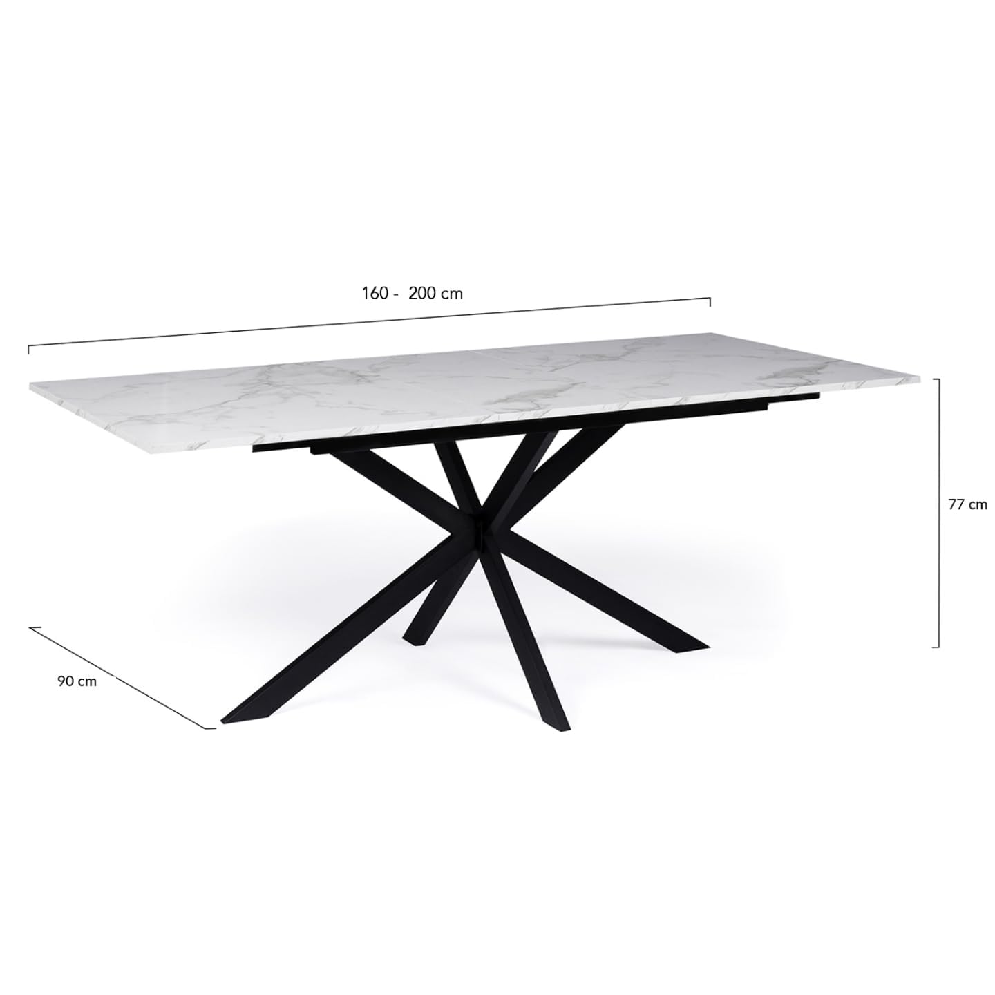 IDMarket – Mesa de comedor extensible rectangular Alix 6-10 personas, pie araña negro, bandeja efecto mármol blanco Alaska 160-200 cm