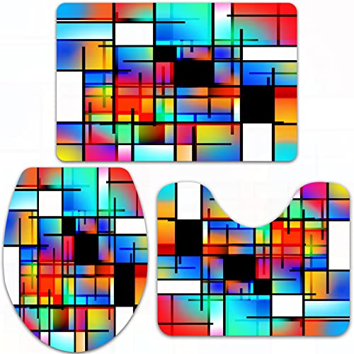 URSOPET Badteppich-Set 3-teilige, rutschfeste,Blaue Farbe bunt geometrisch Mondrian inspiriert 3D-Rendering Pop…